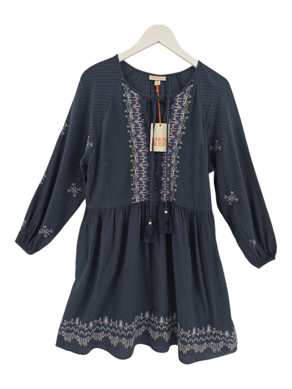 Knox Rose Balloon Sleeve Embroidered Dress in Navy Size Large Long Sleeves - Picture 3 of 12